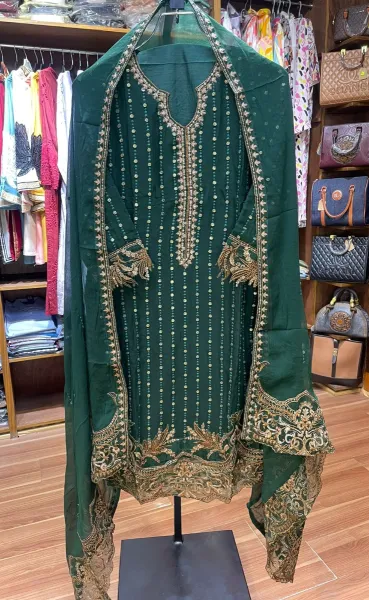 Pakistani Merakish Luxury Chiffon Stitched 3Pcs _  Racing Green 